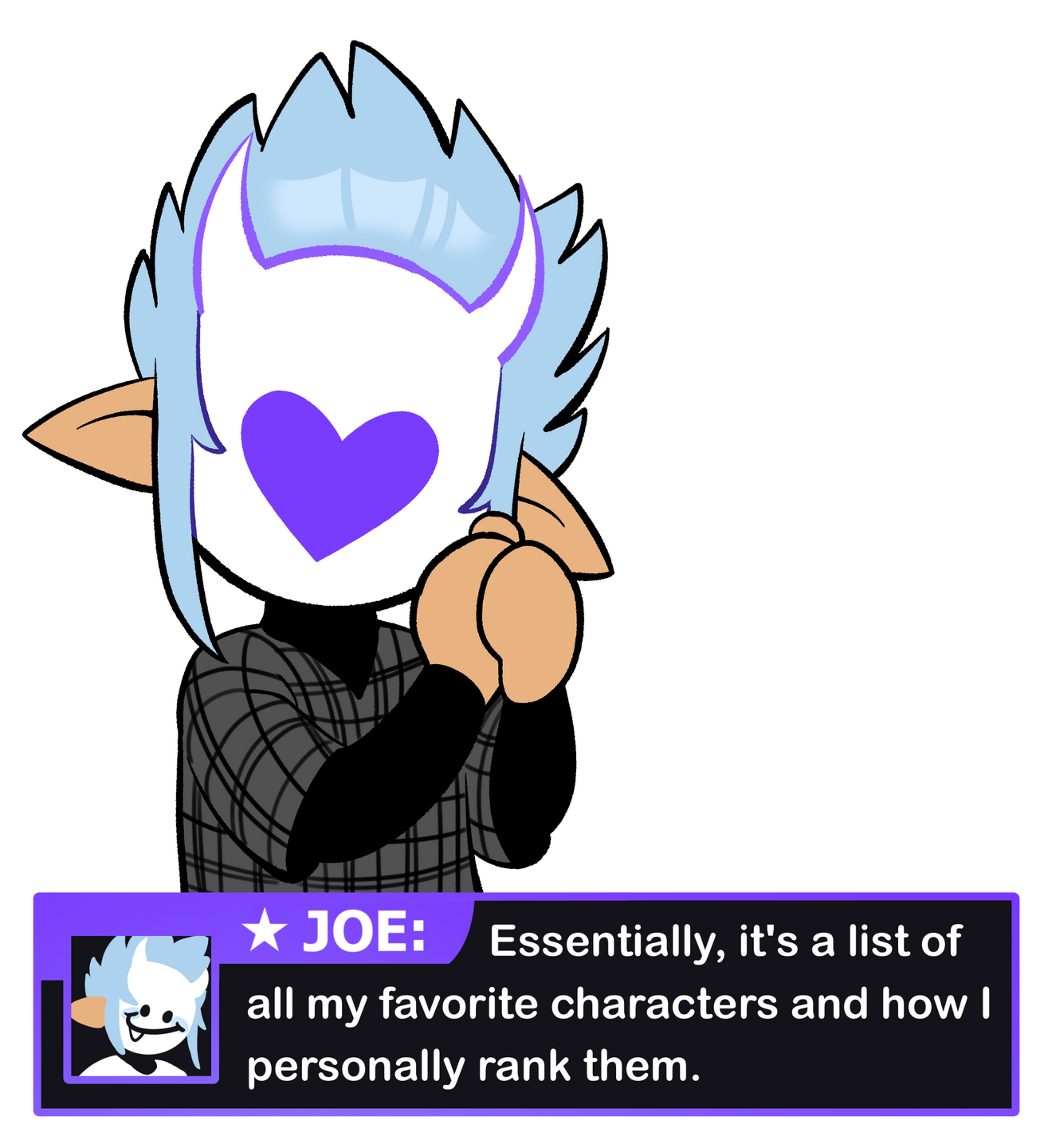 Character with a white mask and smiley face, elf-like ears and spikey sky blue hair is holding both hands clasped together against their mask. Below he speaks: Essentially, it's a list of all my favorite characters and how I personally rank them.