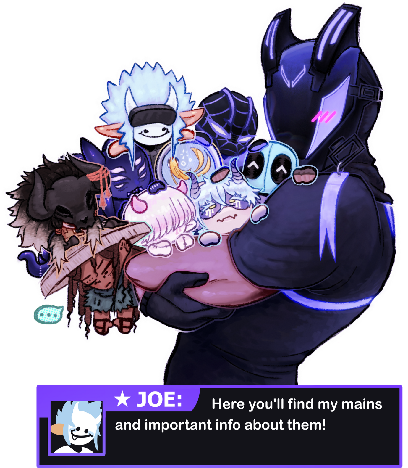 Character with a white mask and smiley face, elf-like ears and spikey sky blue hair is holding up a pointed index finger as an exclamation. Below he speaks: Here you'll find my mains and important info about them.